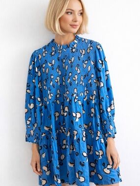 Briton Court NWT Blue Leopard Smocked Tiered Mini Dress Boho XL